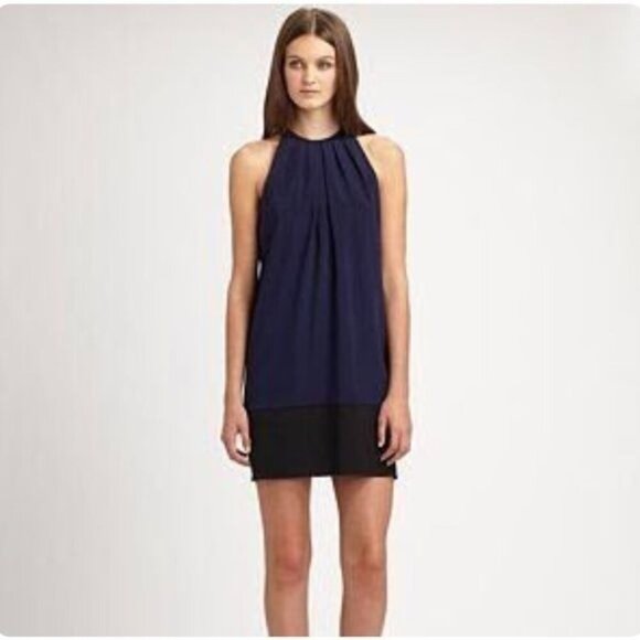 Theory Size 8 Charlaine Silk Colorblock Mini Shift Dress Navy Black Loose Fit - Picture 1 of 7